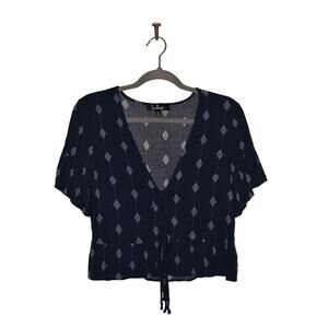 LULUS $45 Breah Navy Blue Print Tie-Front‎ V-Neck Crop Top Small